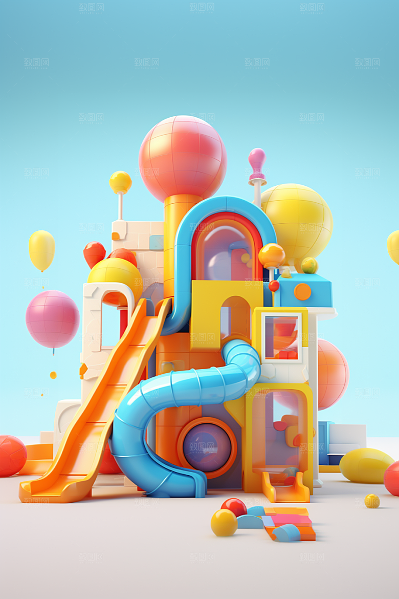 3D立体游乐园卡通模型渲染图