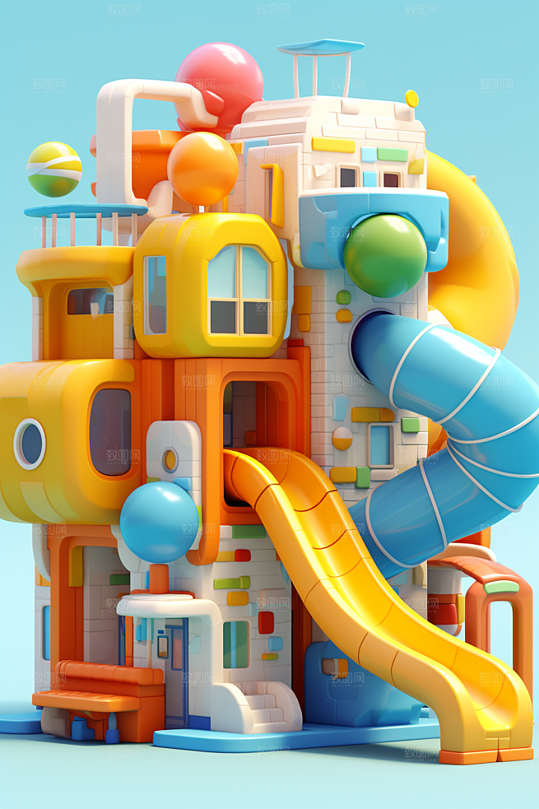 3D立体游乐园可爱卡通渲染图