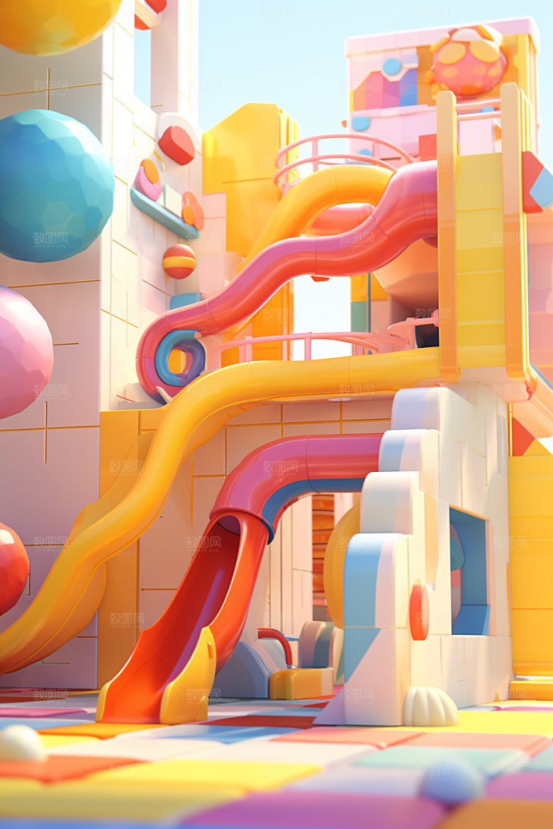 3D立体游乐园梦幻彩色渲染图