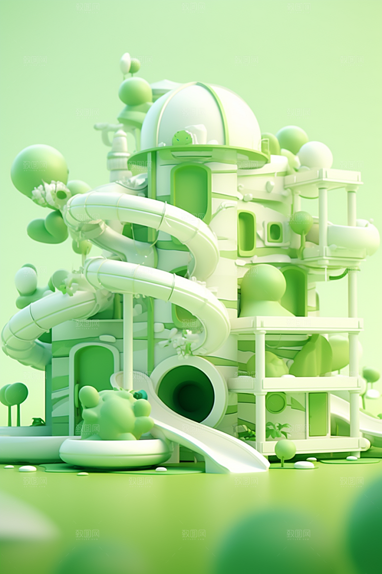 3D立体游乐园滑滑梯卡通渲染图