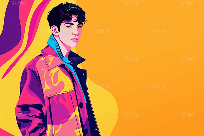 彩色潮流人物鲜明橙色插画