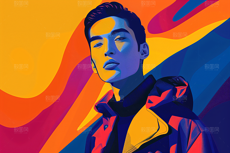 彩色潮流人物时尚对比色插画