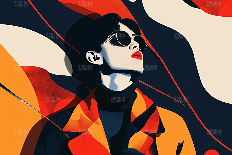 彩色潮流人物橙色对比色插画