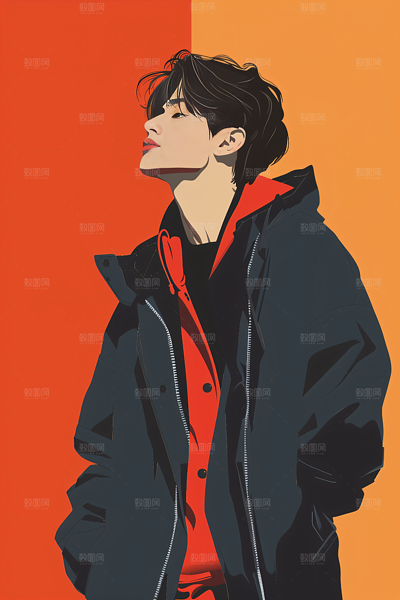 彩色潮流人物橙色撞色插画
