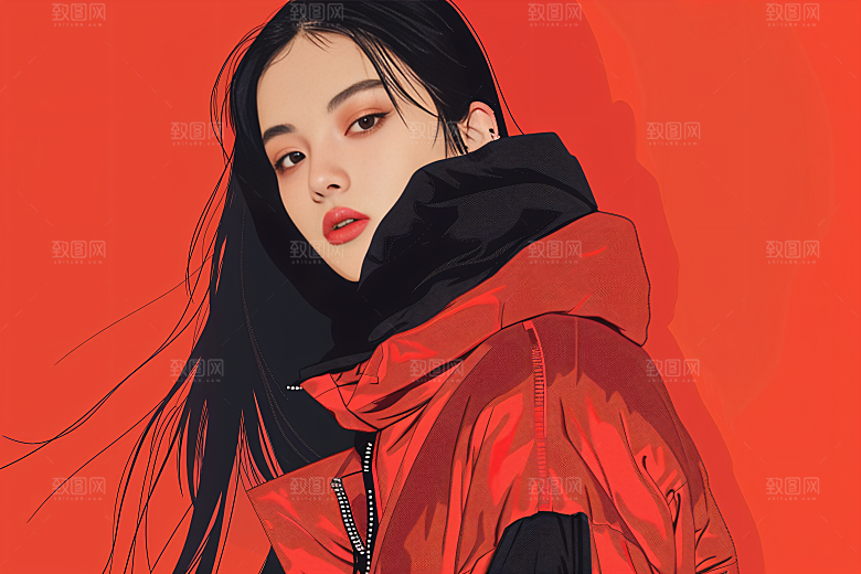 彩色潮流人物撞色橙色插画