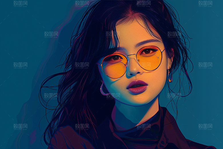彩色潮流人物对比色橙色插画