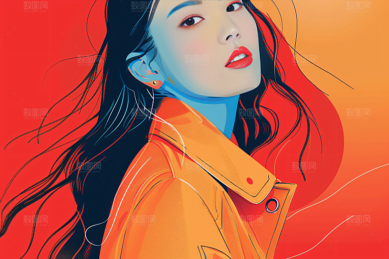 彩色潮流人物鲜明橙色插画