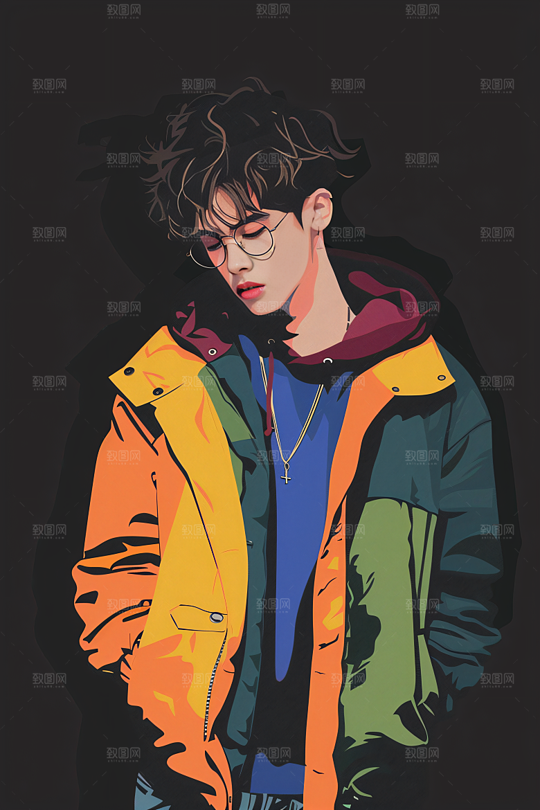 彩色潮流人物撞色橙色插画
