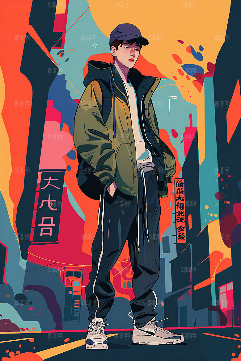 彩色潮流人物涂鸦高清插画