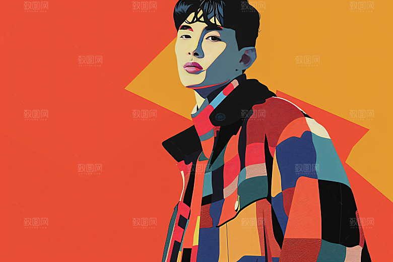 彩色潮流人物撞色橙色插画