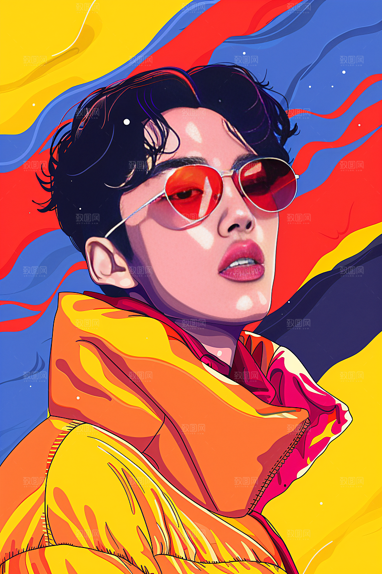 彩色潮流人物时尚对比色插画