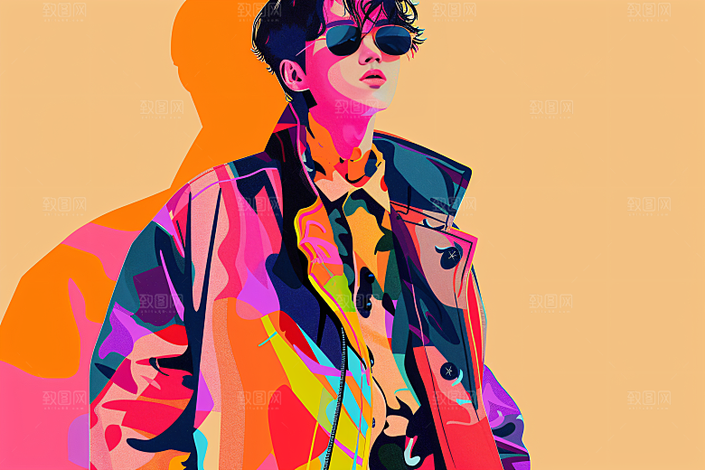 彩色潮流人物撞色涂鸦插画
