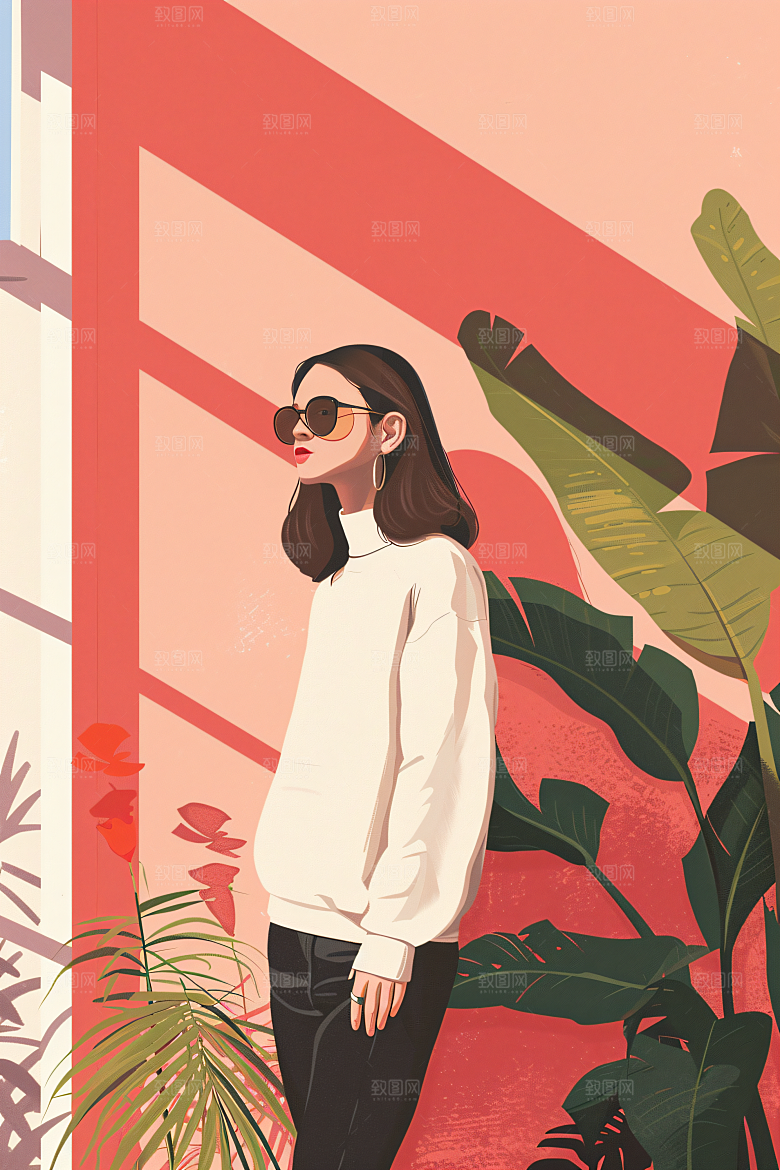 彩色潮流人物鲜明橙色插画