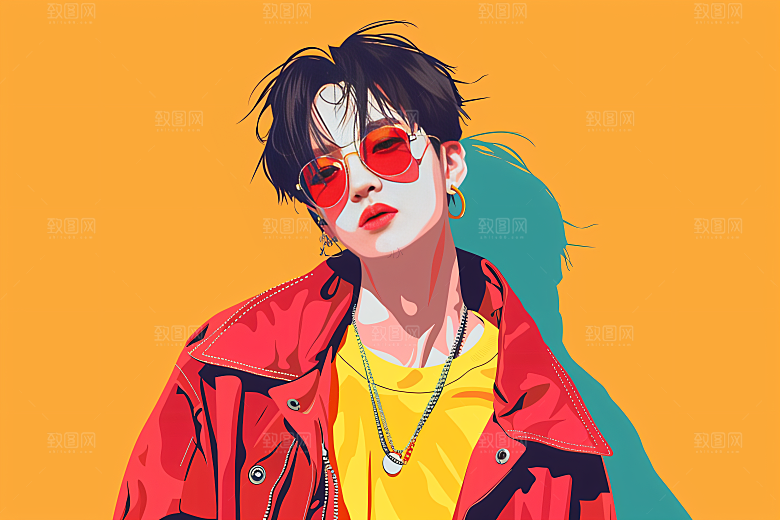 彩色潮流人物撞色时尚插画
