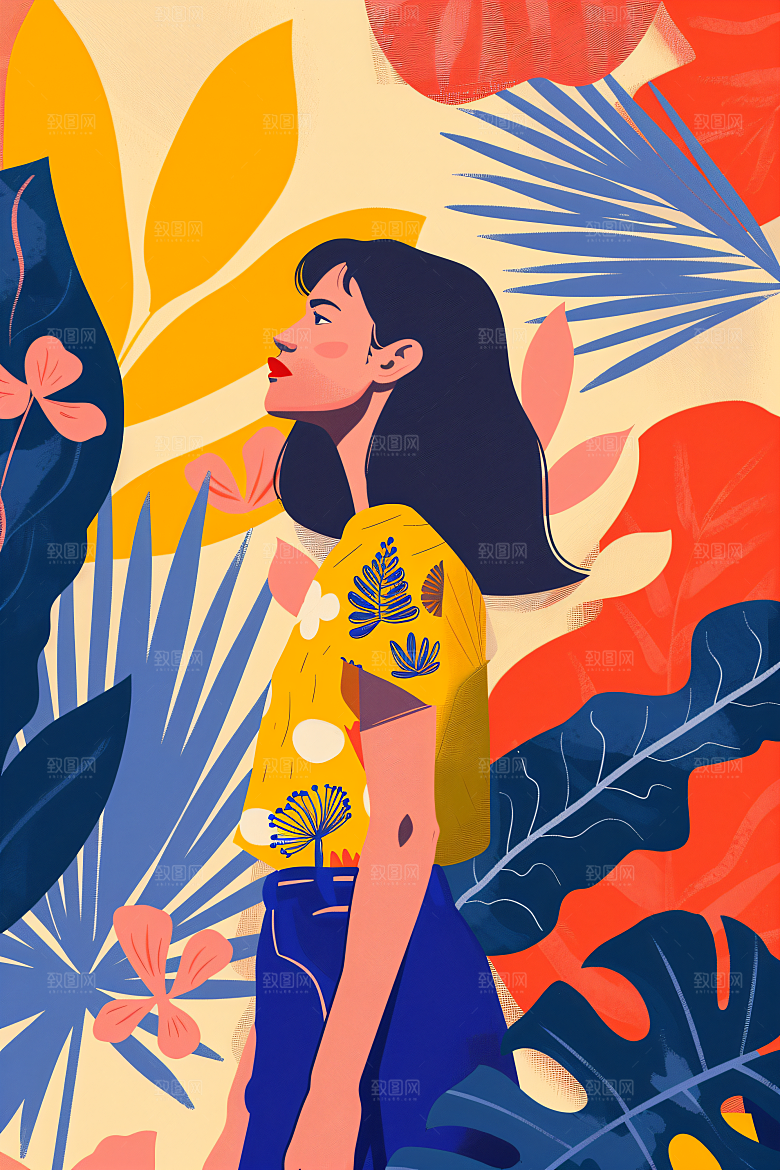 彩色潮流人物橙色时尚插画