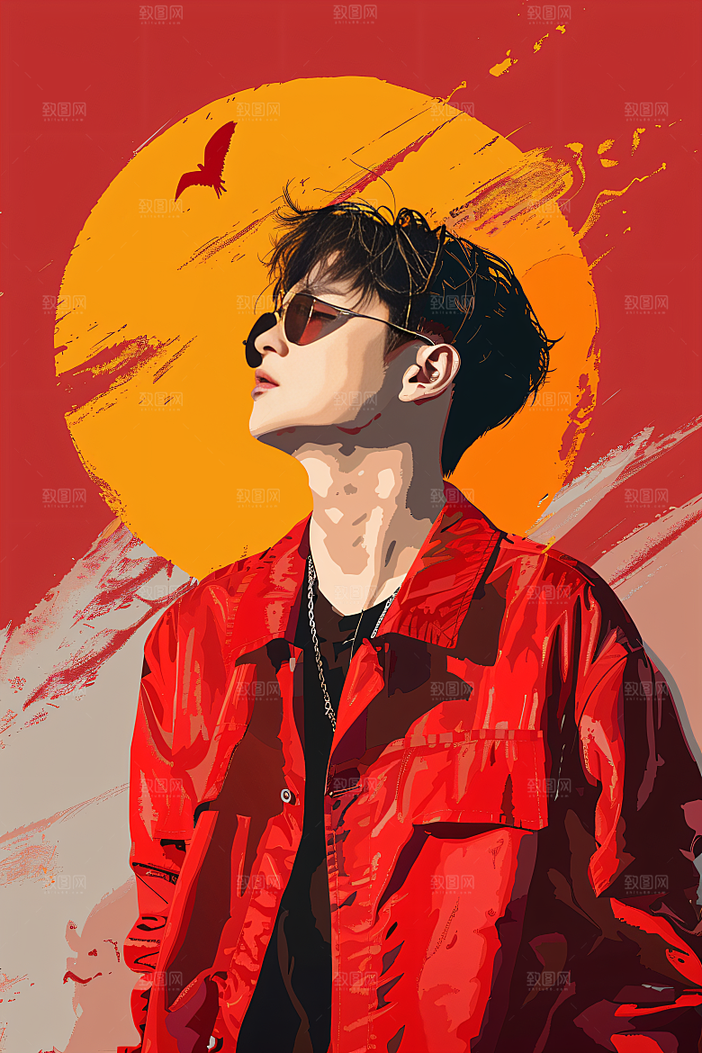 彩色潮流人物撞色橙色插画