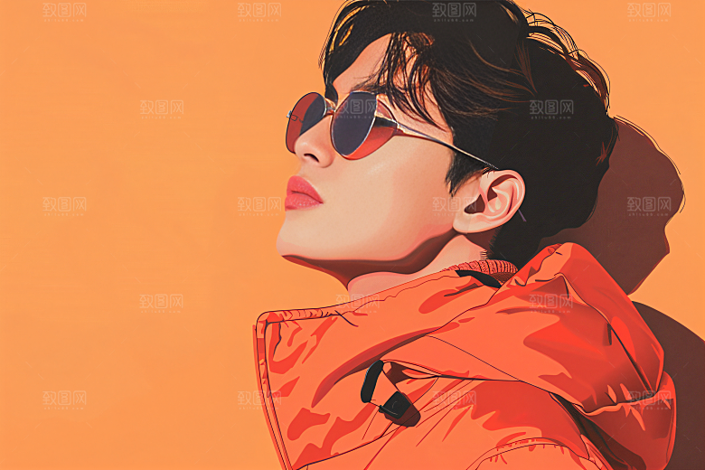 彩色潮流人物对比色橙色插画