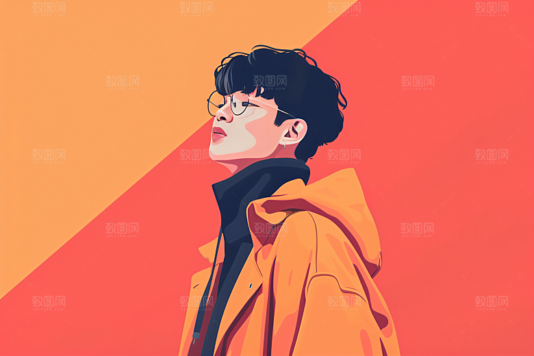 彩色潮流人物对比色橙色插画