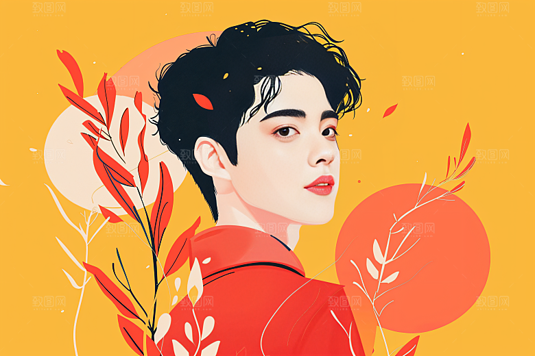 彩色潮流人物撞色橙色插画