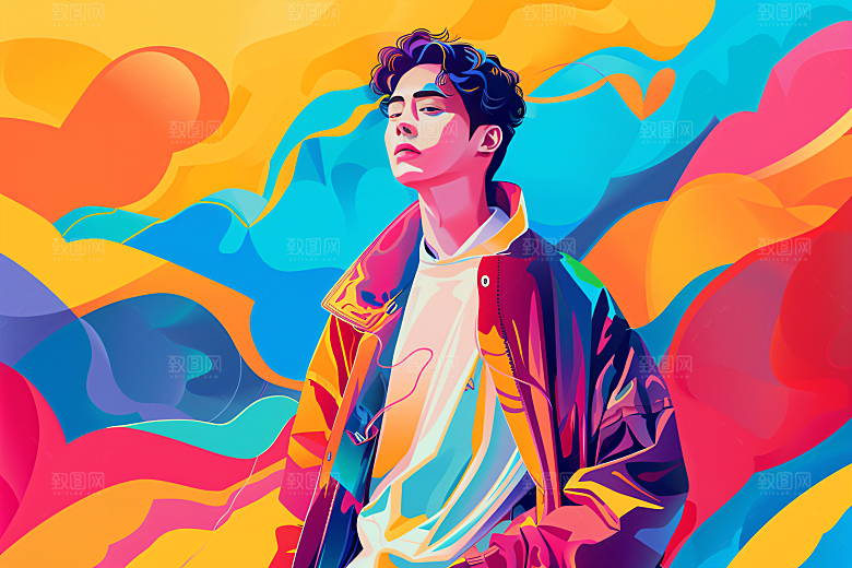 彩色潮流人物时尚撞色插画