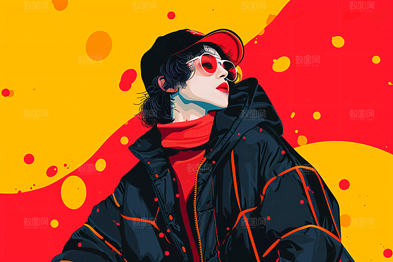 彩色潮流人物对比色撞色插画