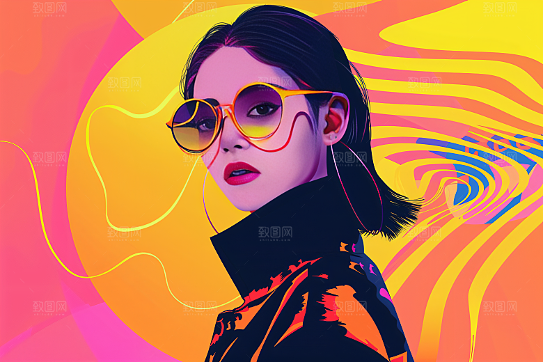 彩色潮流人物撞色对比色插画