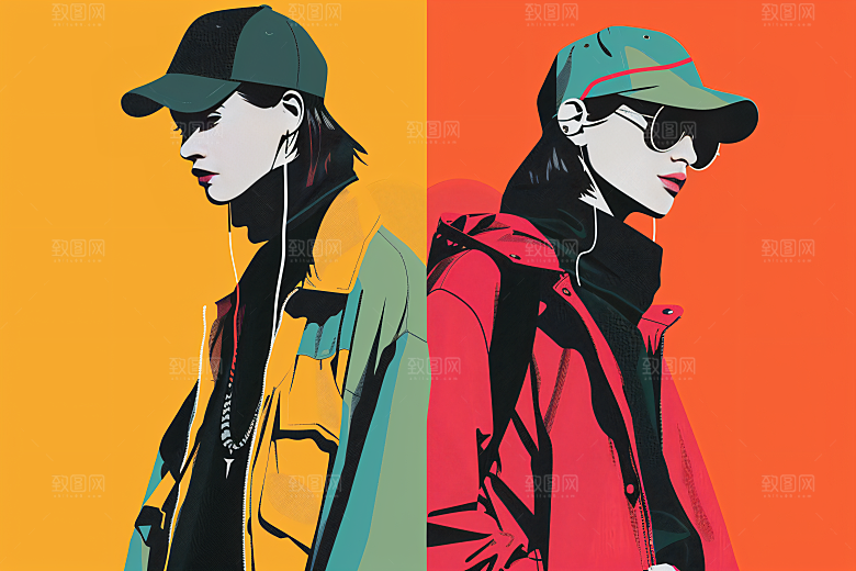彩色潮流人物撞色时尚插画