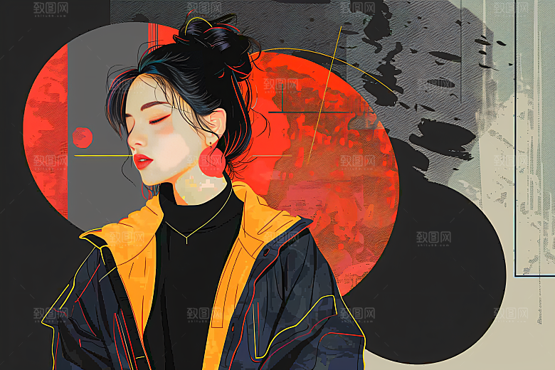 彩色潮流人物橙色对比色插画