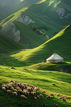 草原牧场旅游风吹草低见牛羊摄影图