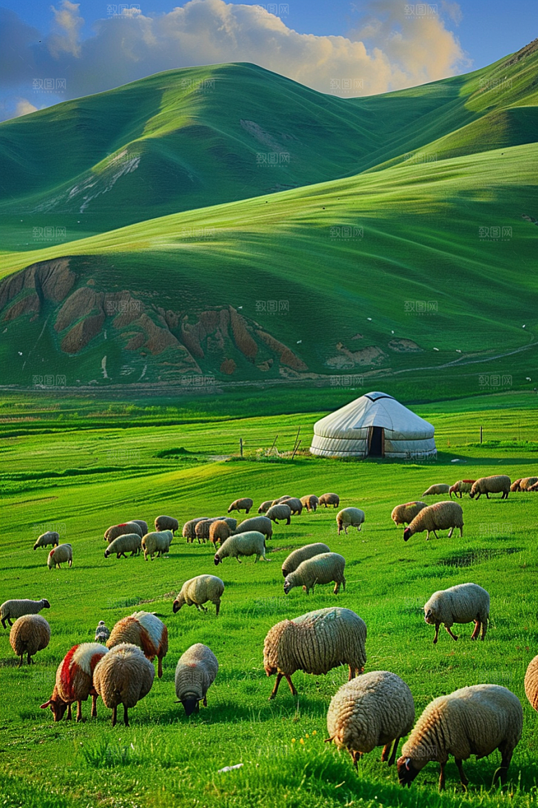 草原牧场旅游绿草蓝天摄影图