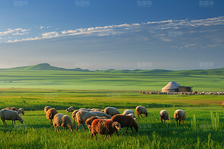草原牧场风吹草低见牛羊旅游摄影图