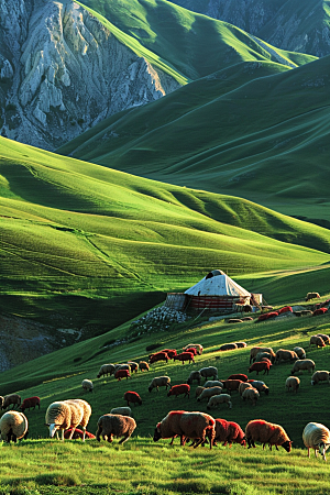草原牧场绿草蓝天风吹草低见牛羊摄影图