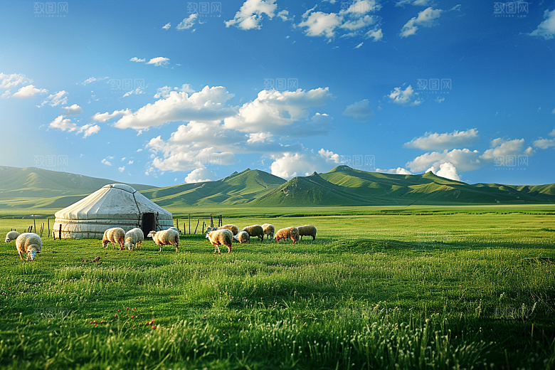 草原牧场旅游绿草蓝天摄影图