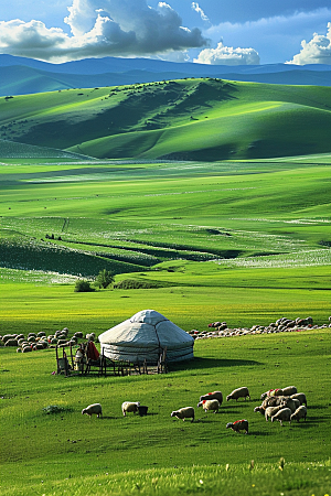草原牧场绿色绿草蓝天摄影图