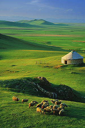 草原牧场风吹草低见牛羊内蒙古摄影图