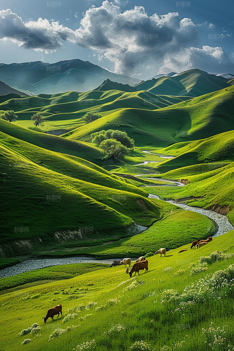 草原牧场旅游风吹草低见牛羊摄影图
