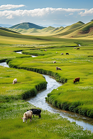 草原牧场内蒙古绿草蓝天摄影图