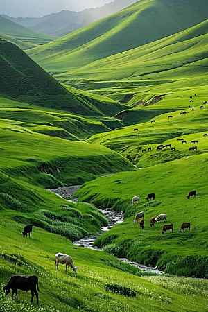 草原牧场绿草蓝天绿色摄影图