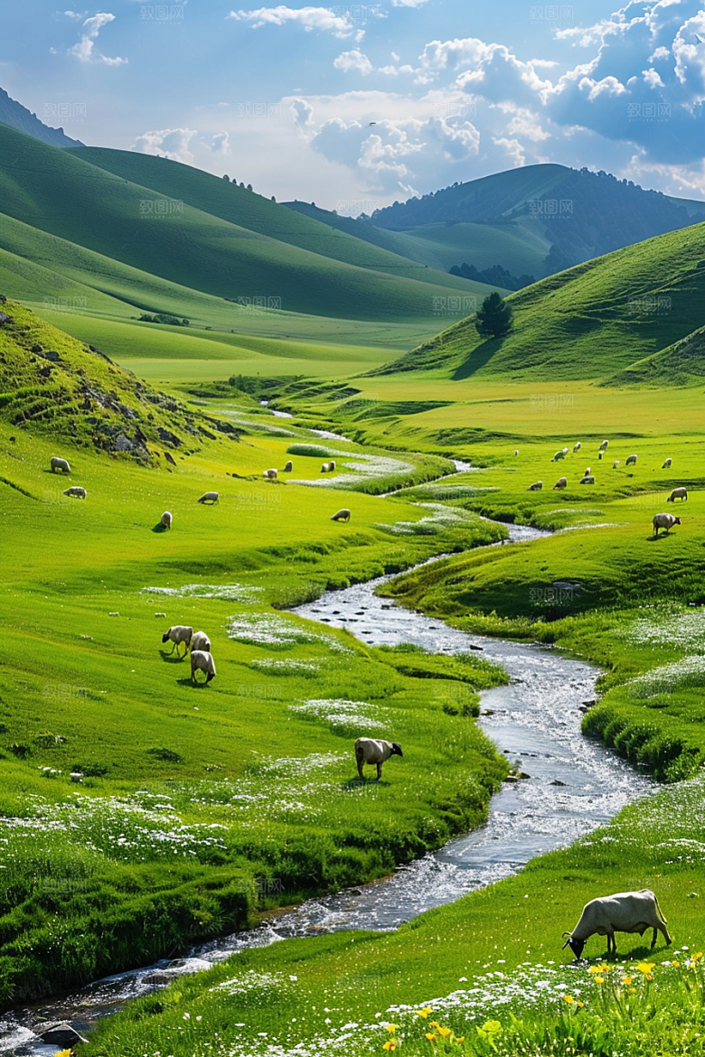 草原牧场绿草蓝天内蒙古摄影图