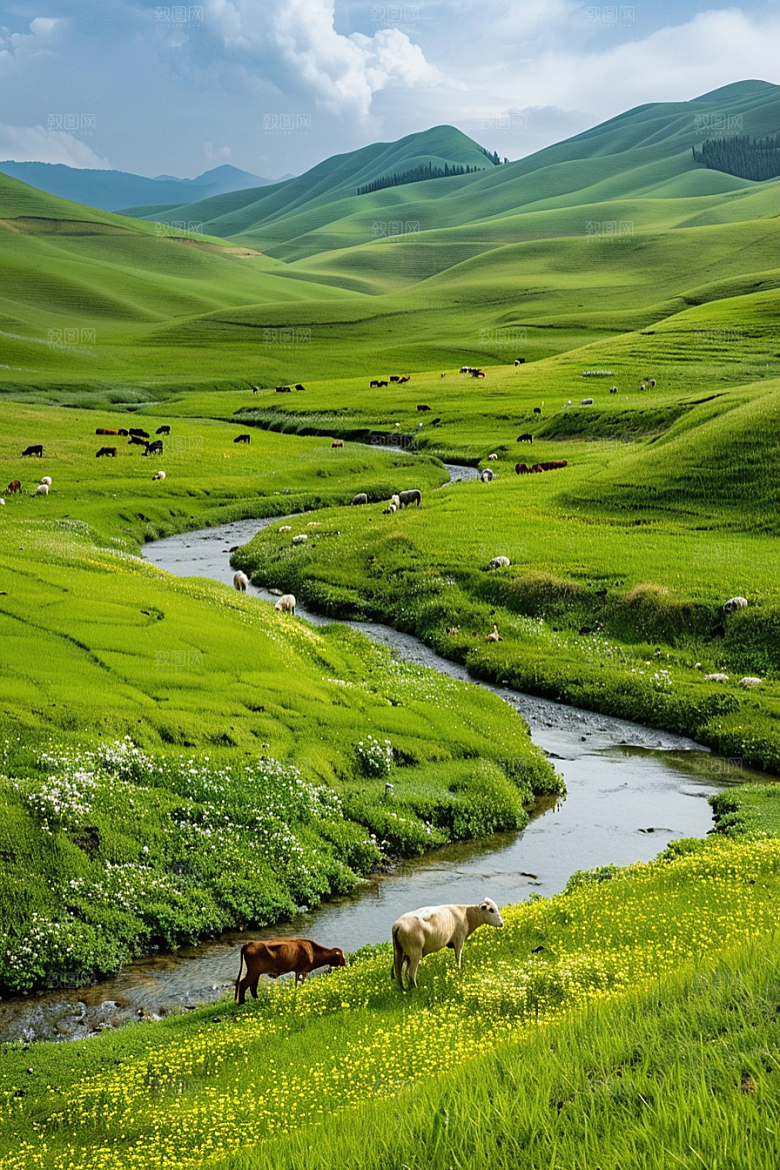 草原牧场绿草蓝天旅游摄影图
