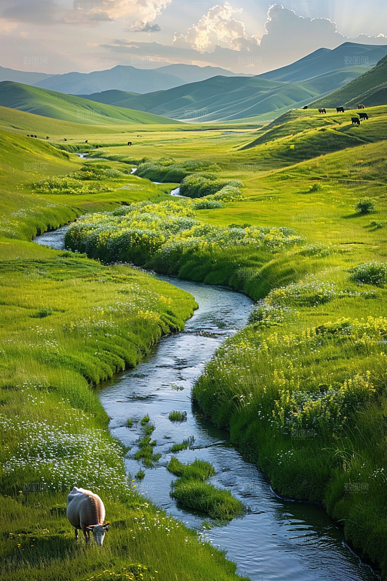 草原牧场旅游绿草蓝天摄影图