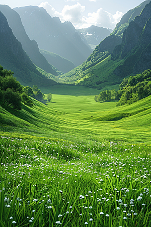 草原牧场绿草蓝天自然摄影图