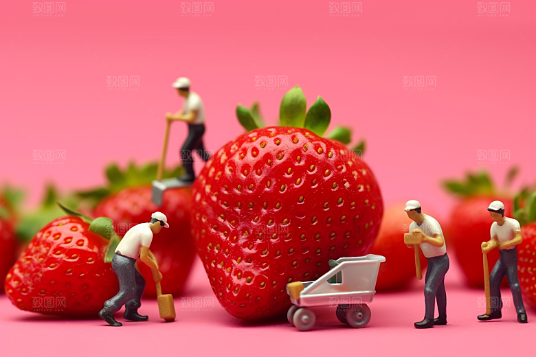 草莓水果立体微距小人