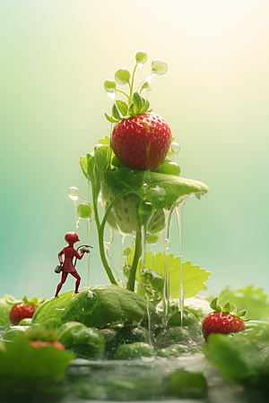 草莓采摘水果微距小人