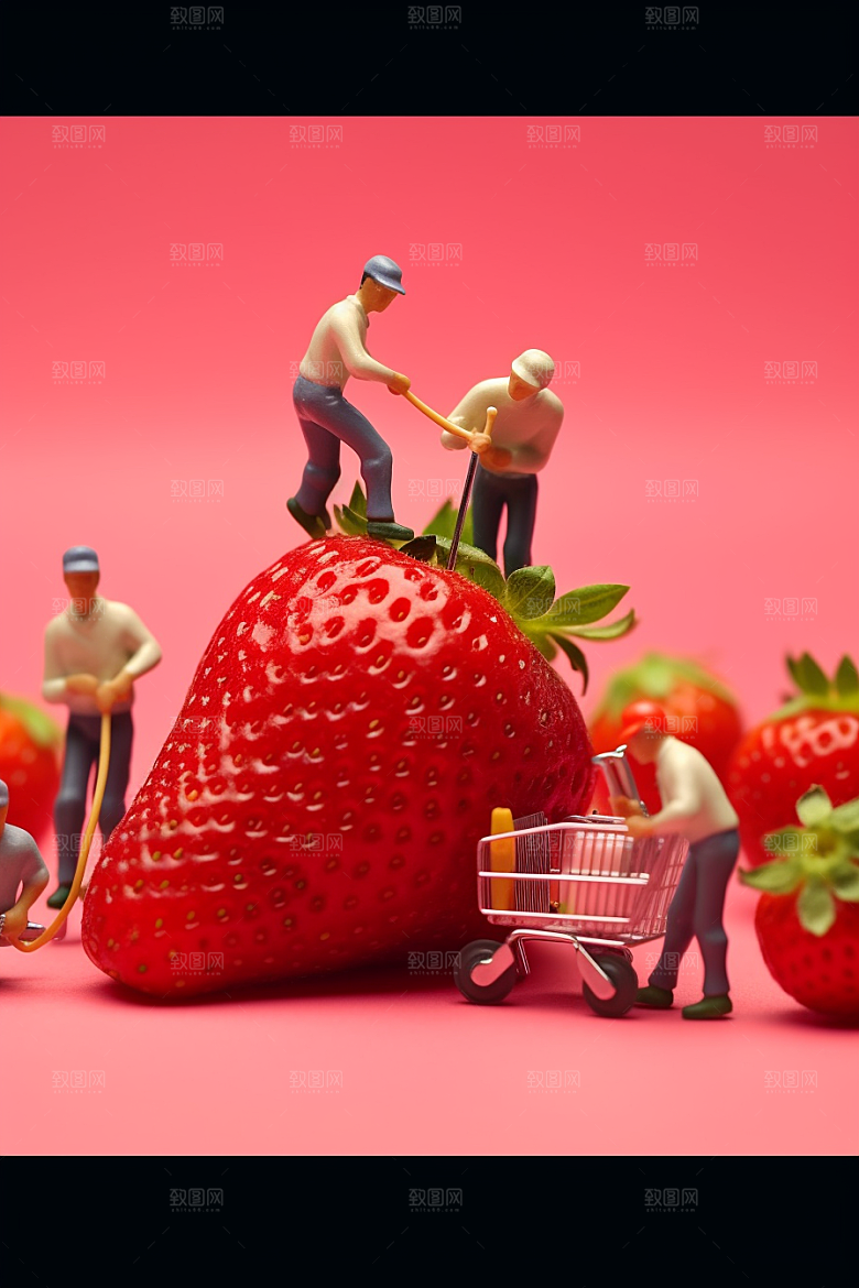 草莓采摘收获微距小人