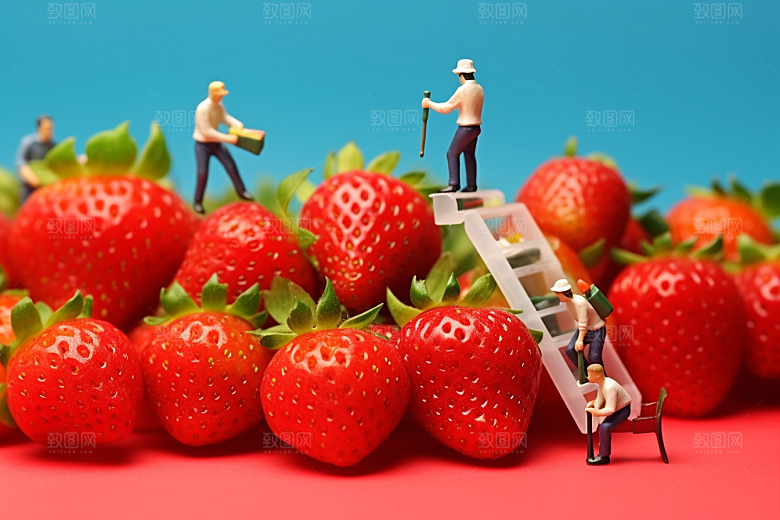 草莓收获立体微距小人