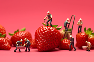 草莓水果生产微距小人