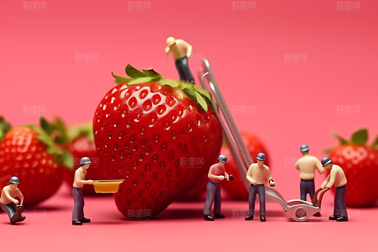 草莓采摘美味微距小人