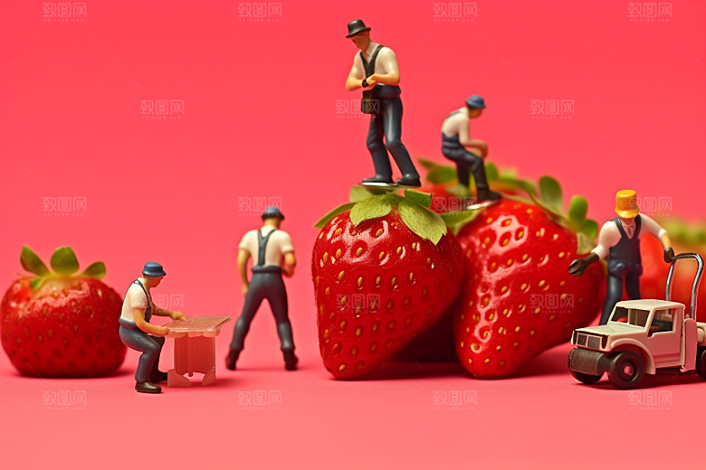 草莓收获美味微距小人