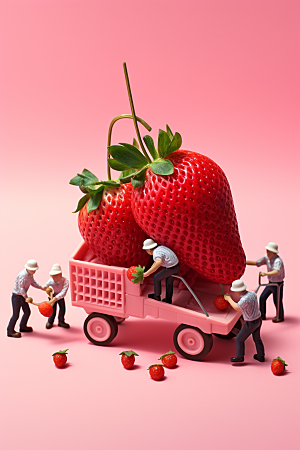 草莓采摘莓果微距小人